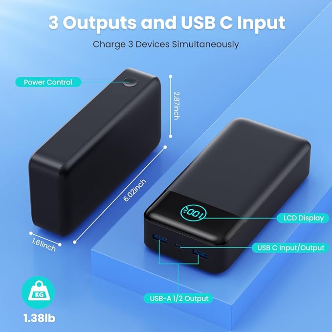 Portable Charger 50800mAh Power Bank,25W PD QC 4.0 USB C Fast Charging External Battery Pack,3 Output LCD Display Portable Cellphone Charger Compatible with iPhone 16/15/14/13/12,Samsung, Android etc