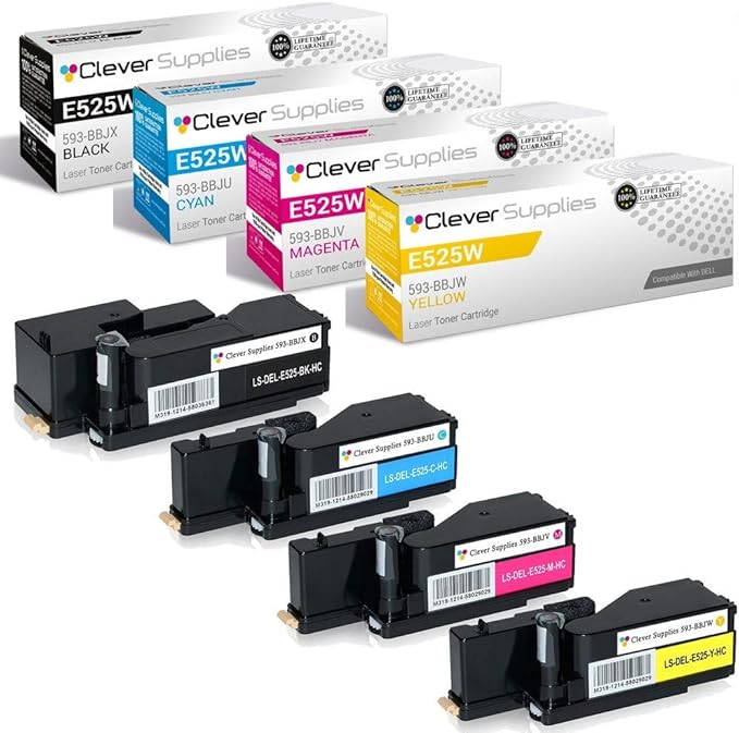 CS Replacement Toner Cartridge Compatible with Dell E525W 593-BBJX Black 593-BBJU Cyan 593-BBJV Magenta 593-BBJW Yellow Multifunction E525W 4 Color Set