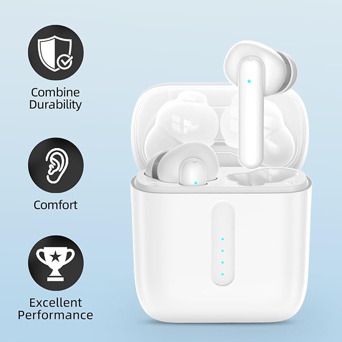 Wireless Earbuds, Ear Buds with Big Bass Stereo Sound, Lightweight Bluetooth Earbuds with 60 Hours Playtime (White)