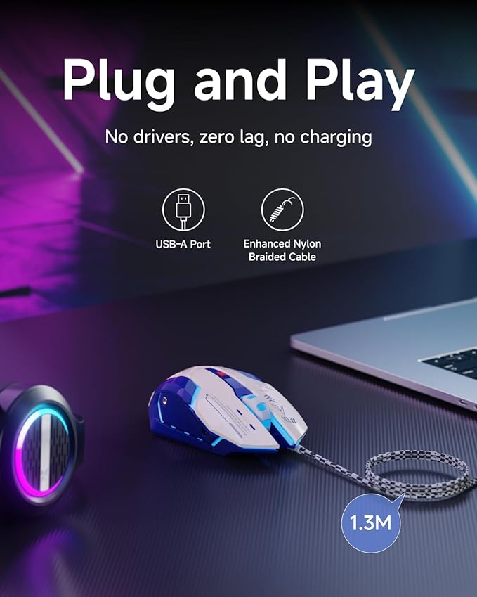 EWEADN G10 Wired Gaming Mouse, Computer Mouse with RGB Backlit, 3200 DPI Adjustable, Quiet Clicks, Ergonomic Wired Mouses with 6 Buttons and 4.2FT Cord, USB Mouse for PC/Win/Laptop, White-Blue