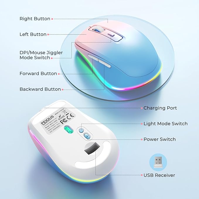 Wireless Mouse Jiggler - LED Wireless Mice with Build-in Mouse Mover, Rechargeable Moving Mouse for Laptop with Undetectable Random Movement Keeps Computers Awake - Blue to Pink