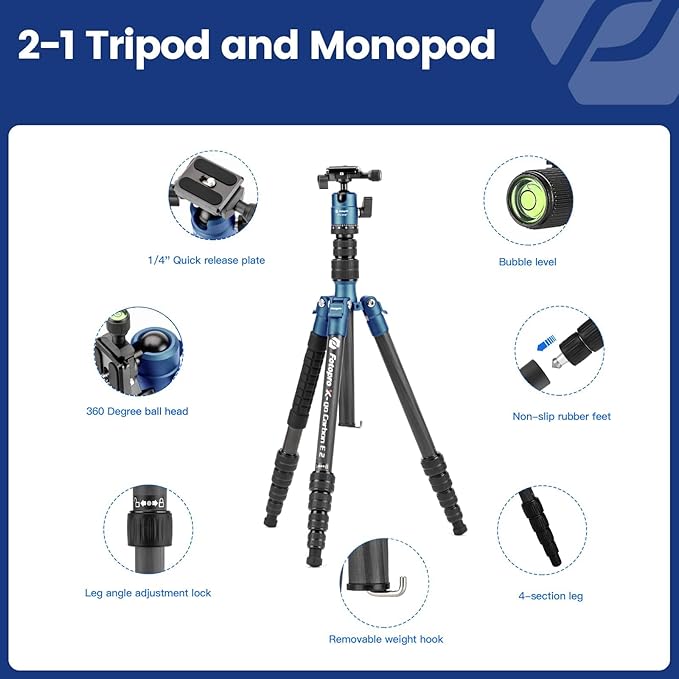 Fotopro 59" Carbon Fiber Travel Tripod Compact Camera Tripod with Ball Head Detachable Monopod with Quick Release Plate and Bag Load up to 8KG/17.63lbs X-GO E2 Blue