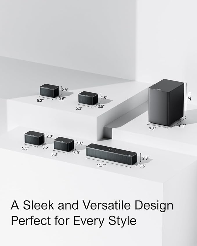 ULTIMEA 7.1ch Sound bar with Wireless Subwoofer, Virtual Surround Sound System for Smart TV, 4 Wired Surround Speakers, 410W Peak Power, App Control, Home Theater Sound System Poseidon D70, 2025 Model