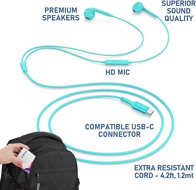LUDOS Zenith USB C Headphones for iPhone 17 16 15 Pro Max Plus Air iPad Pro Air, 2 Years Warranty, USB-C Earbuds for Samsung Galaxy S24 S23 Ultra S22 S21 S20 A55 A54, USB Type C Earphones - Turquoise
