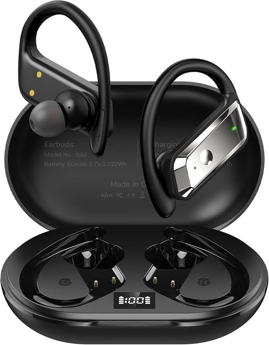Wireless Earbuds Bluetooth 5.4 Headphones 53H Playtime Sport Earphones with LED Display,Over-Ear Buds Built in Mic in Ear Waterproof Headset for Workout Running Gaming - Black