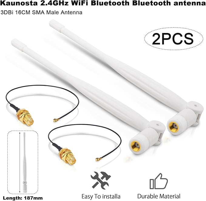 WiFi Security Camera Replacement Antenna Kit 4PCS, 2 x 2.4GHz 3dBi RP-SMA Male Foldable Antenna + 2 x 17CM/6.7" U.FL/IPEX to RP-SMA Female Extension for Reolink Eco Birdfy Wireless Camera, Kaunosta