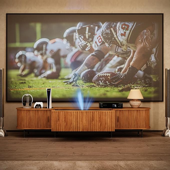 126" Ultra Short Throw Projector Cabinet, Mid-Century Modern Electric TV Stand for Entertainment Center, Linkage Memory Function and Ample Storage Space, Walnut Color