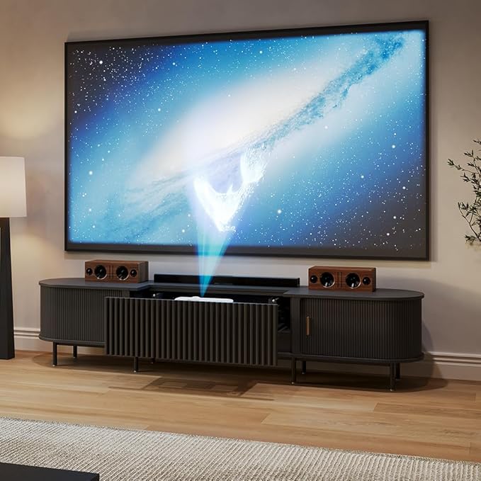 102" Ultra Short Throw Projector TV Stand, Mid-Century Modern Electric Cabinet with Linkage Memory Function and Ample Storage Space, Wood Entertainment Center, Anti-Pinch Design, Black