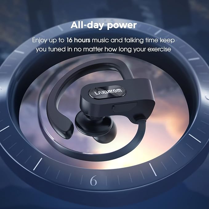 Bluetooth Headphones, Deep Bass Wireless Running Headphones w/16 Hrs Playtime, Bluetooth Earbuds in-Ear w/Earhooks, IPX7 Waterproof Sports Earphones with Microphone for Calls