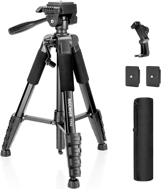 NEEWER BASICS Camera Tripod, 71'' Tripod with Cell Phone Holder Mount Compatible with iPhone for Video Recording, Professional Aluminum Lightweight Portable Travel Stand with 3 Way Pan Tilt Head, TP55