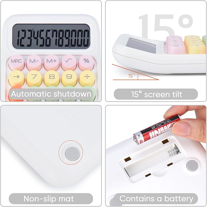 Mechanical Pushbutton Calculator,12 Digit Large LCD Display,Big Buttons Easy to Press,Colorful Candy Calculator,Automatic Sleep,with Battery.for Office,School, Home. (White)