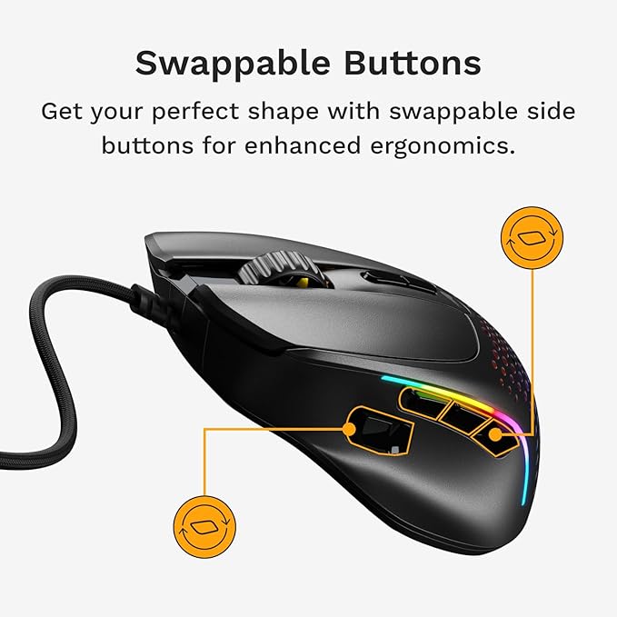 Glorious Gaming Model I 2 Wired Gaming Mouse: 9 Programmable Buttons (2 Swappable), 66g Superlight, 26k Optical Sensor, 80M Click Rated Switches, MMO/MOBA/FPS, Side Thumb Rest (Black)