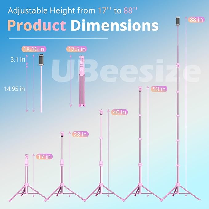 UBeesize 88’’ Flexible Phone Tripod with 14.95’’ Gooseneck, Remote and Phone Holder, Overhead Cell Phone Stand＆Selfie Stick for Video Recording, Compatible with iPhone Android Phone, Camera Pink