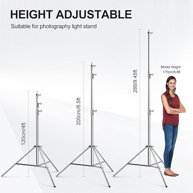 BEIYANG 9.45Ft Stainless Steel Photography Light Stand, Heavy Duty Tripod with with 1/4" to 3/8" Screw Adapter for Strobe Lights, LED Video Lights, Ring Lights, Monolights, Softboxes