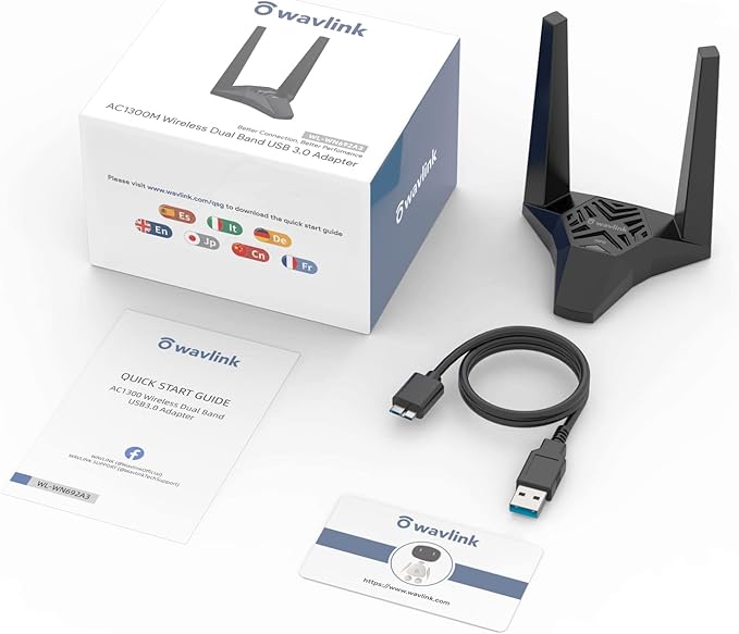 WAVLINK USB3.0 WiFi Adapter, AC1300Mbps Wireless Network Adapter for Desktop PC, Dual Band 5GHz+2.4GHz WLAN with High Gain 2X 3dBi Antennas for Windows XP/Vista/7/8/8.1/10/11 MacOS 10.7-10.15