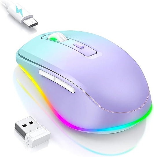 Wireless Mouse Jiggler - LED Wireless Mice with Build-in Mouse Mover, Rechargeable Moving Mouse for Laptop with Undetectable Random Movement Keeps Computers Awake - Purple to Green