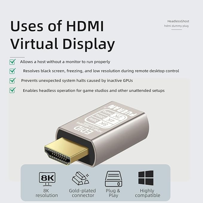 4K 120Hz HDMI 2.1 Dummy Plug,Virtual Display Emulator,displayport Dummy Plug 4k 120hz,Headless Ghost Display Adapter,8K EDID Monitor 3840x2160@120HZ (8K-30Hz-9P)