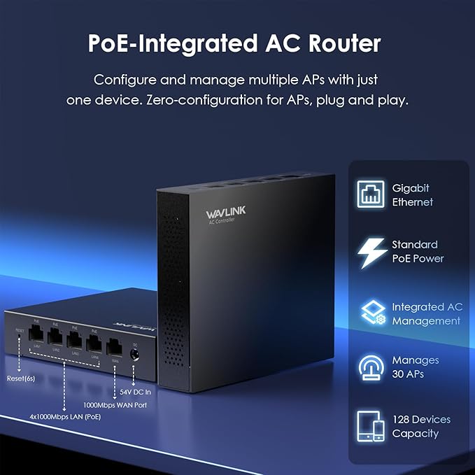 WAVLINK 5 Port Gigabit PoE Ethernet Network Switch, AC Controller – 4X LAN + 1 WAN 1000Mbps, Supports IEEE 802.3AF/at, Auto-Discovery & Centralized AP Management for Home, Hotel, Office