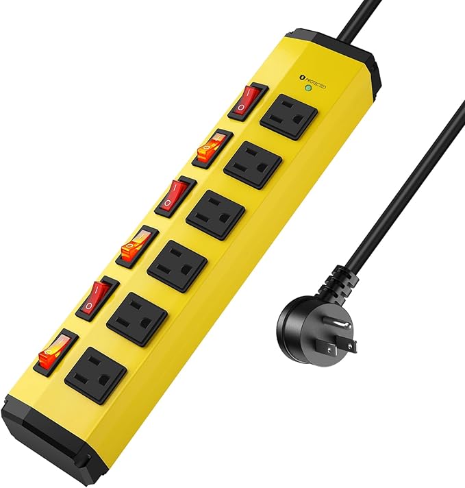 ANNQUAN 6 Outlet Metal Power Strip with 6 Individual Switches,Heavy Duty Power Strip 1200J 15A 10FT Cord Home Office Industrial Commercial Shop