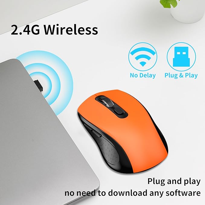 Wireless Mouse Ergonomic, Side Buttons Mouse, 2400 DPI, Silent and Anti Slip Roller Cordless Mice, 2.4Ghz with USB Receiver, 6 Buttons, Suitable for Laptop PC Chromebook and Windows 11/10/7 - Orange