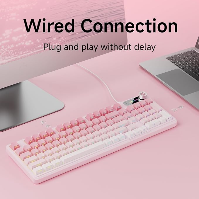 V102 Wired Keyboard, 98 Keys Creamy Gaming Keyboard with Number Pad, Display Screen & Media Knob RGB Silent Wired Cute Computer Keyboard for Laptop PC Gamer - Gradient Pink