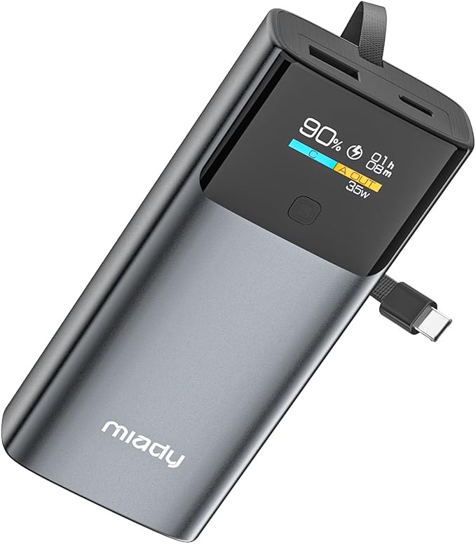 Miady Portable Charger, PD 35W Fast Charging Small Power Bank has Smart Digital Display Screen, 10000mAh Battery Pack Built-in USB-C Cable Compatible with iPhone 16/15 Galaxy S24/S22 Android and More