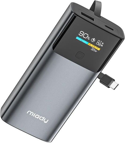 Miady Portable Charger, PD 35W Fast Charging Small Power Bank has Smart Digital Display Screen, 10000mAh Battery Pack Built-in USB-C Cable Compatible with iPhone 16/15 Galaxy S24/S22 Android and More