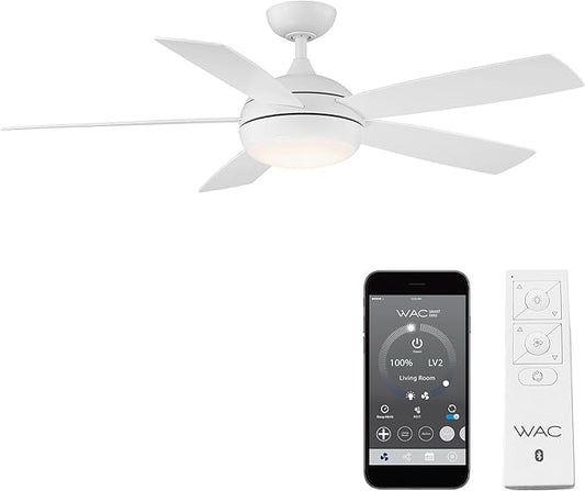 WAC Smart Fans Odyssey Indoor and Outdoor 5-Blade Ceiling Fan 54in Matte White with 3000K LED Light Kit and Remote Control works with Alexa and iOS or Android App