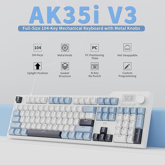 AJAZZ AK35I V3 104-Key Full Size Wired Gasket Mount Gaming Keyboard with Multimedia Buttons & Knob Control | Five Layer Pad | OEM Profile PBT Keycaps | Blue Backlit Custom Keyboard