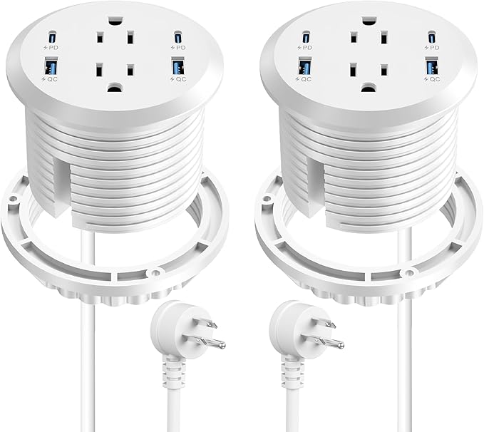 3 inch Desktop Power Grommet USB C,65W Fast Charging Station,Furniture Recessed Power Strip,2 Outlets,4 USB Ports,Flush-Mount for Desktop, Workspace Essential Desk Outlet,2 Pack (White)