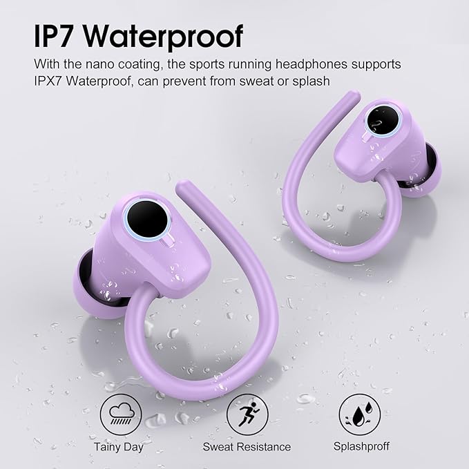 Wireless Earbuds, 2023 Bluetooth Headphones 5.3 Sport, 50H Ear buds with Earhooks, Dual LED Display Bluetooth Earbuds, Deep Bass Stereo Noise Cancelling Headphones, IP7 Waterproof Earphones, Purple