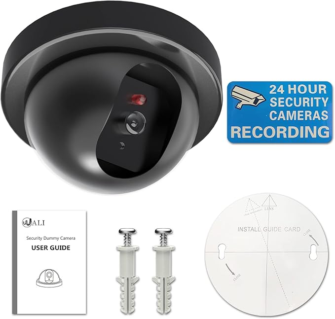 WALI Dummy Fake Security CCTV Dome Camera with Flashing Red LED Light with Security Alert Sticker Decals (SD-1), Black