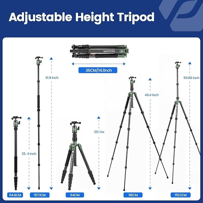 Fotopro 60inch Carbon Fiber Tripod Compact Camera Tripod with Ball Head Quick Release Plate Detachable Monopod Load up to 17.63lbs X-go E 2 Carbon Fiber Green