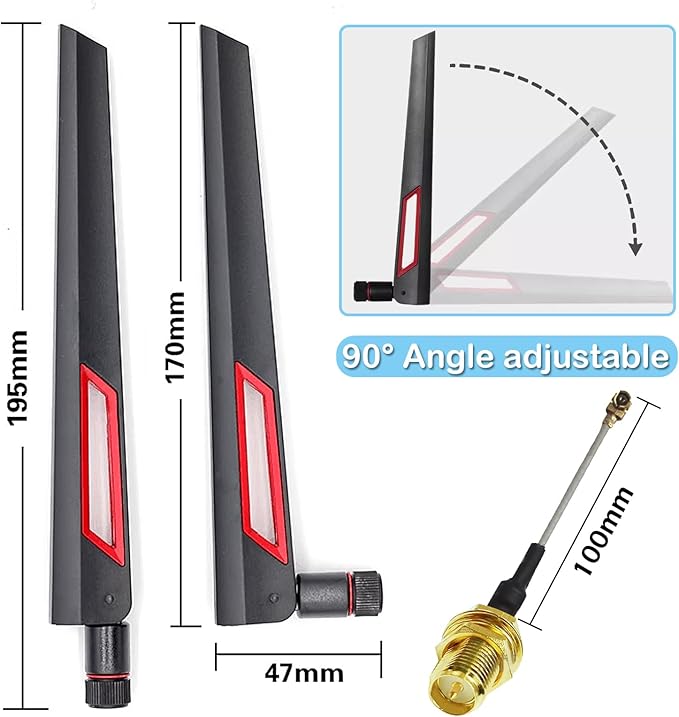WiFi Antenna Dual Band 2.4GHz 5.8GHz 12dBi RP-SMA Male Antenna 20cm+U.FL IPX IPEX to RP-SMA Female Cable RG1.13 for WiFi Router Wireless Adapter Network Card Security Camera(Pack of 4)