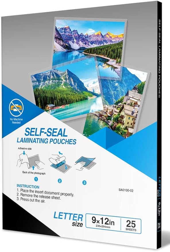 Everest Self Seal Laminating Pouches, Self Sealing for Letter Size, 9x12 Inch, Document and Certificate, Waterproof, 10 Mil Thick, Gloss Finish, No Machine Needed (9X12, 25, Pack)