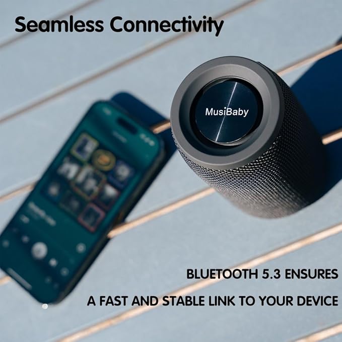 Bluetooth Speaker, MusiBaby Wireless Portable Speaker - Waterproof, Outdoor, Bluetooth 5.0, Dual Pairing, Loud Stereo, Deep Bass, 24H Playtime - Gift Ideas for Home, Party, Travel (BLK)