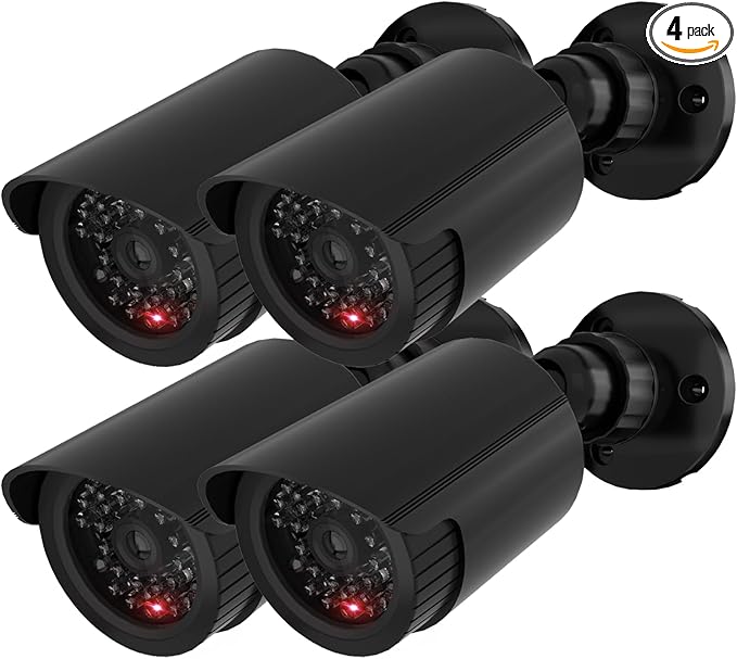 WALI Dummy Fake Simulated Surveillance Security CCTV Dome Camera Indoor Outdoor with One LED Light, Warning Security Alert Sticker Decal (TC-B4), 4 Packs, Black