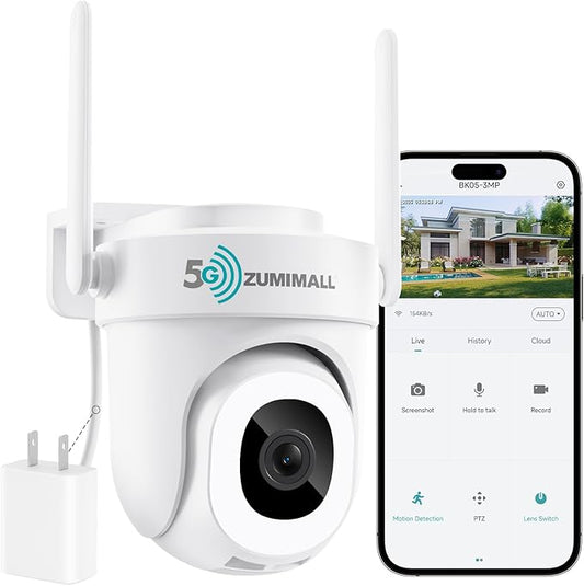 ZUMIMALL 3MP Security Camera Outdoor - 360° PTZ Auto Tracking | 24/7 Recording Wired Power, 2.4G/5G Wireless WiFi | Motion & Noise Detection, Color Night Vision, 2-Way Audio | Compatible with Alexa