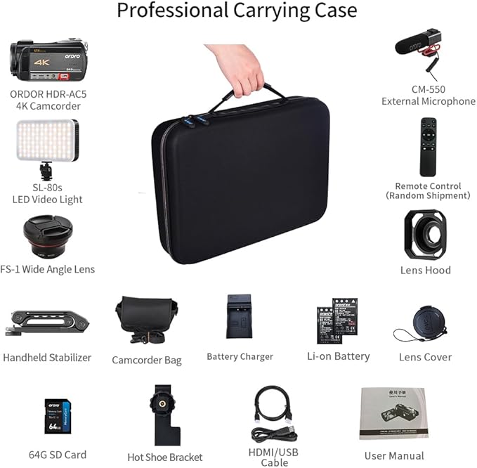 ORDRO AC5 Plus 4K Video Camera Camcorder, UHD Professional Camcorder 4K with 12x Optical Zoom, YouTube Video Camera for Filming with Mic, Video Light, Wide Angle Lens 64G Card and 2 Batteries