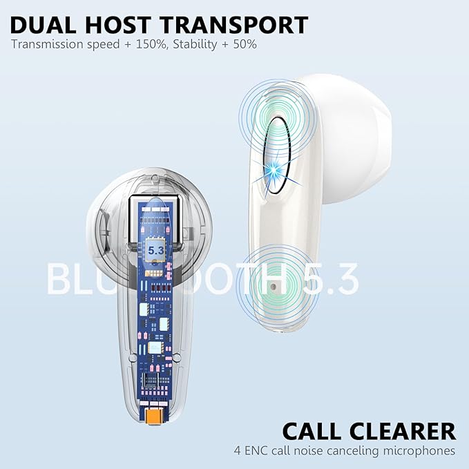 Wireless Earbud, Bluetooth Headphones 5.3 Built in 4 ENC Mic, Stereo Bass Wireless Earphones, 40H Bluetooth Earbud in-Ear Dual LED Display, USB-C, IP7 Waterproof Sport Ear Buds for Android iOS, Sliver