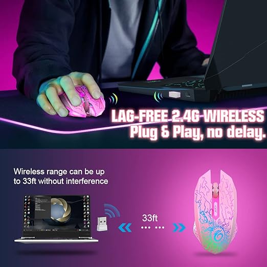 VersionTECH. Wireless Gaming Mouse, Rechargeable Computer Mouse Mice with Colorful LED Lights, Silent Click, 2.4G USB Nano Receiver, 3 Level DPI for PC Gamer Laptop Desktop Chromebook Mac-Pink