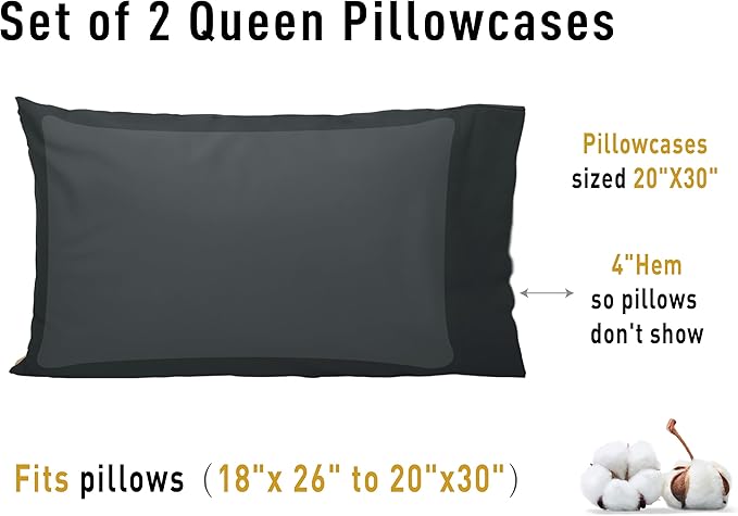 Sunflower Queen Pillowcases Set of 2, 100% Cotton Queen Size Pillow Cases 2, 20×30 inches Black, Soft and Breathable