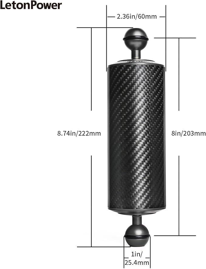 Black 8" Carbon Fiber Underwater Float Arm (2-Pack) - Ultralight Dual 1" Ball Buoyancy System for Diving Tray Video Lights & Strobes