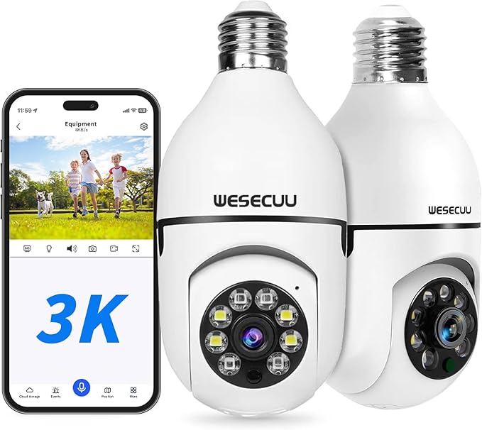 3K Light Bulb Security Camera -5G& 2.4GHz WiFi Security Cameras Wireless Outdoor Motion Detection and Alarm,Two-Way Talk,Color Night Vision,Human Detection, 500MP Ultra HD