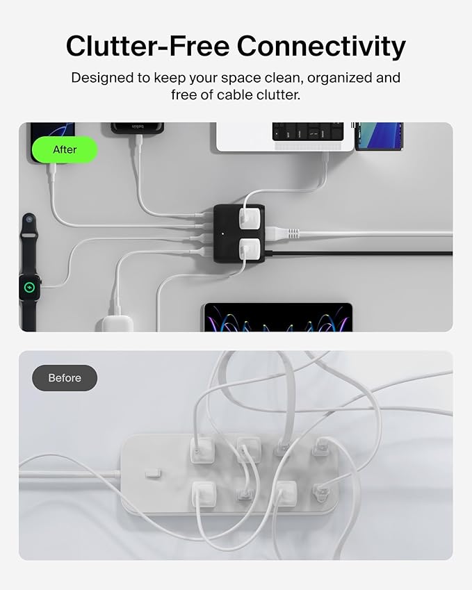 Belkin GaN Charging Station 70W, 7-in-1 Dual USB C Charger w/ 3X AC Outlets, 2X USB A Ports - Power Strip for iPhone, Apple Watch, iPad, MacBook, Chromebook, Samsung Galaxy, Pixel 10, & More - Black