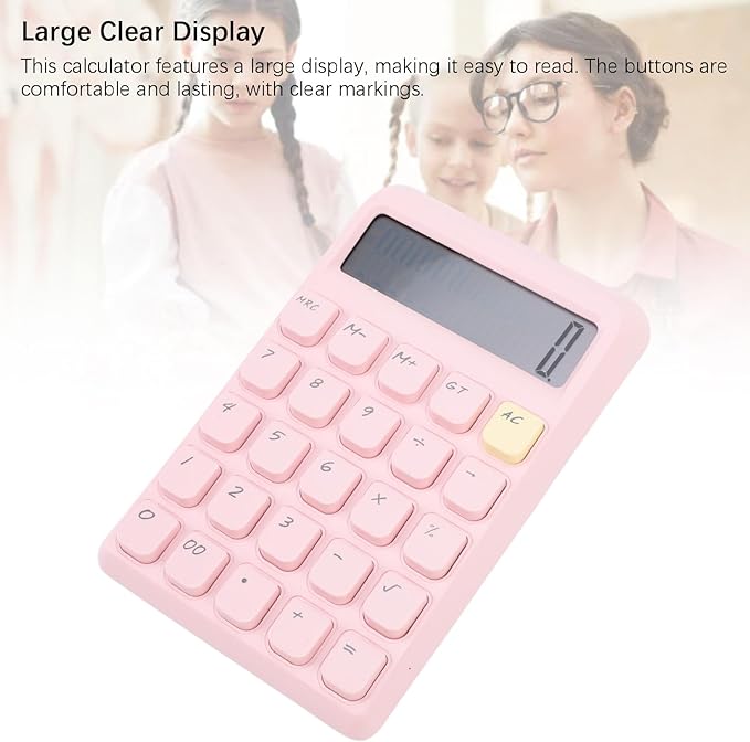 Pssopp Desktop Solar Calculator, Large 12-Digit Display Energy Efficient Tactile Press Keys Portable Standard Math Tool for Home Office Accounting (Pink)