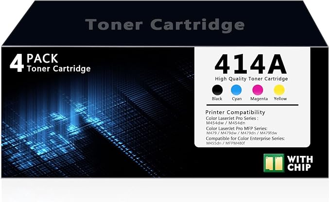 414A Toner Cartridge 4 Pack with Chip Compatible with HP 414A 414X W2020A W2021A W2022A W2023A Replacement for HP Color Laser Jet Pro MFP M479fdw M454dw M454dn M455dn M479fdn Printer (BK/C/M/Y)