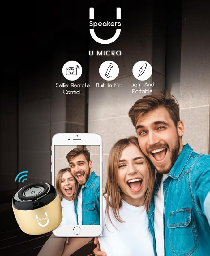 Fashionit U Micro - Small Bluetooth Speaker | Coin-Sized Speakers Bluetooth Wireless with Built-in Mic & Remote Shutter | Portable Rich Sound for Travel, Shower, Beach | Gold