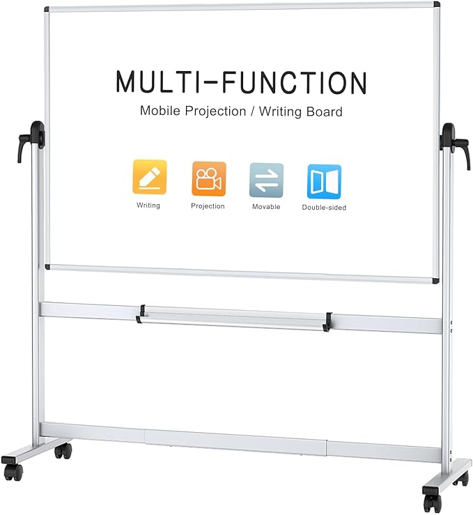 VIZ-PRO Double-Sided Mobile Projection Writing Whiteboard, 72 x 48 Inches, Large Magnetic Rolling Dry Erase Board & Projector Screen with Aluminium Stand