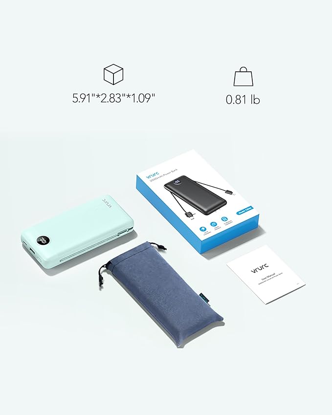 VRURC Portable Charger 20000mAh, Fast Charging Power Bank USB C,4 Output 2 Input Travel Essentials Charging Bank Equipped with LED Display,Built-in Wall Plug and Cables,Phone Charger Battery,Green